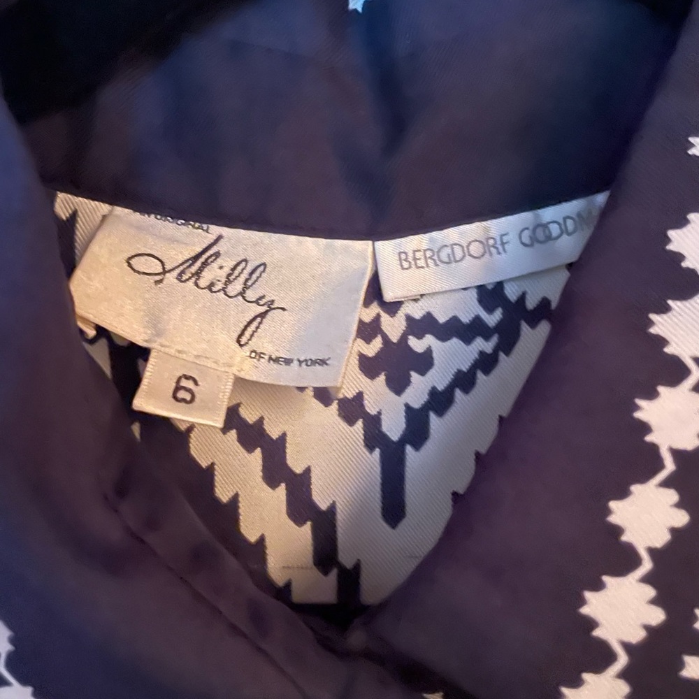 Silk Milly shirt dress, preppy printed navy blue and white, size 6 - Picture 4 of 9